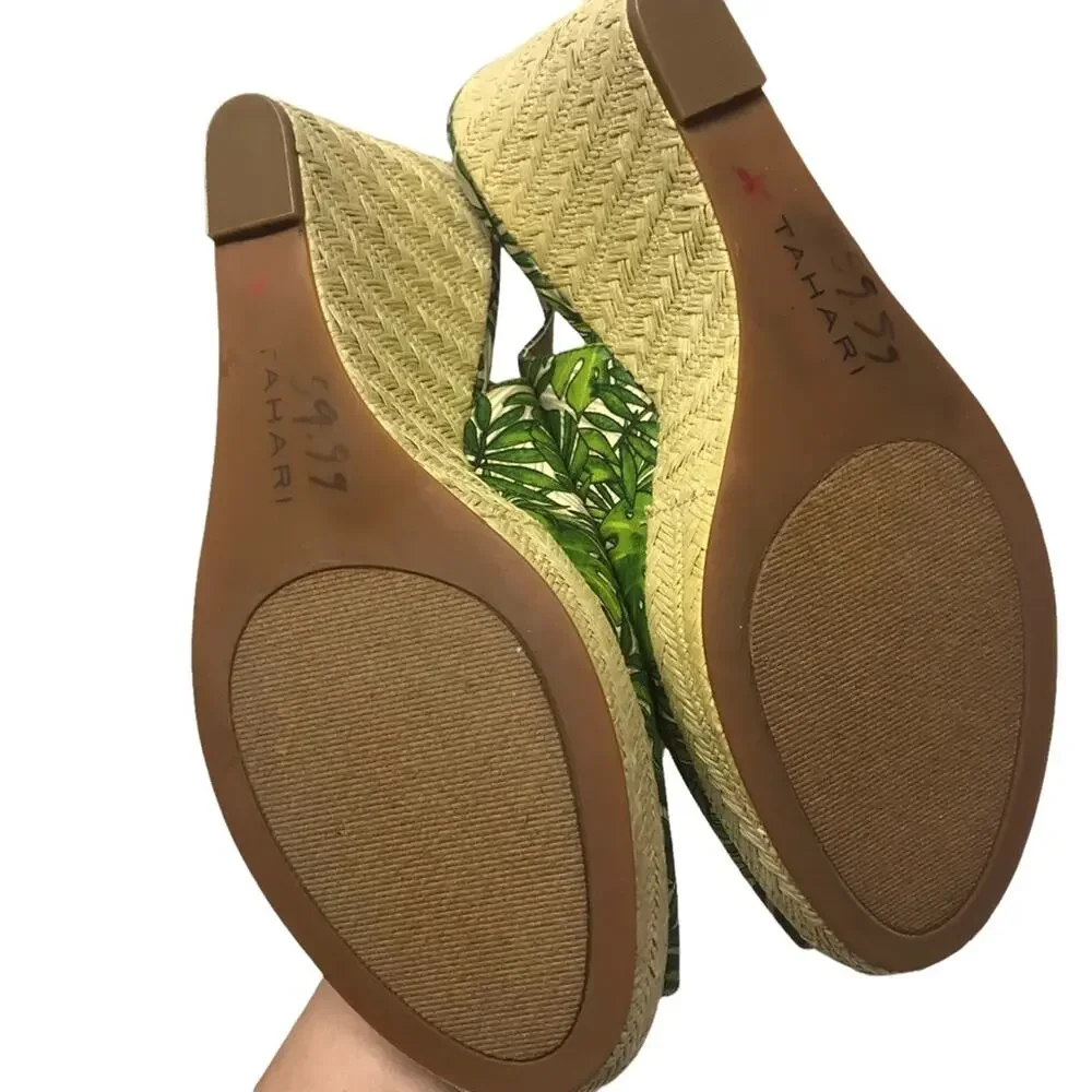 Tahari Taylor Raffia Wedge Sandals tropical palm frond peep toe WOMEN’S SIZE 11
